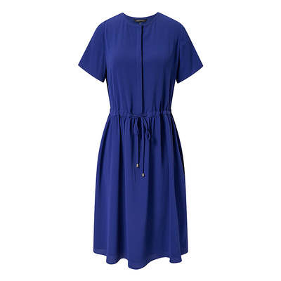 BCBG春夏时尚优雅肌理抽绳收腰圆领短袖通勤优雅连衣裙小黑裙女