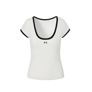 LEDIM WANG撞色刺绣短袖T恤女2026春新款白色宽松亲肤通勤上衣