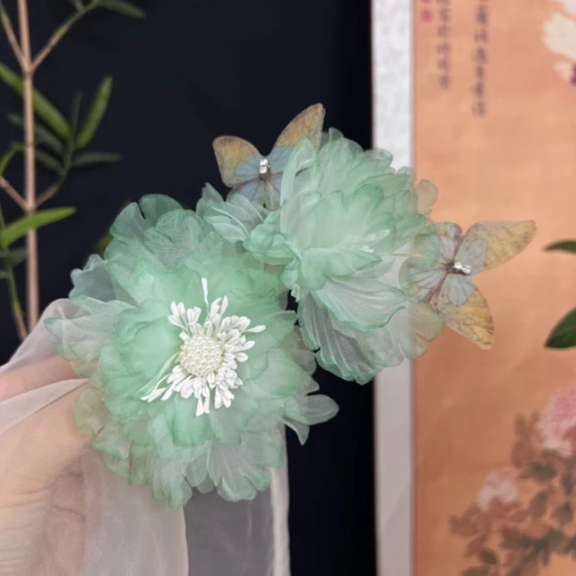 绿色好看超仙牡丹花朵烫花发夹流苏古风汉服头饰气质