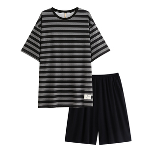 睡衣男士夏季纯棉短袖短裤家居服夏款薄款条纹休闲可出门外穿套装