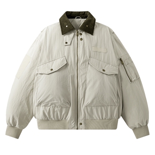 班尼路男装撞色领工装袋羽绒外套男女同款情侣宽松羽绒服DX