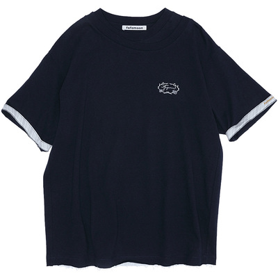 fafamoon设计师品牌夏季女士双层领合体logo刺绣短袖T恤