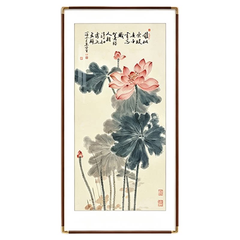 新中式水墨荷花竖版玄关壁画