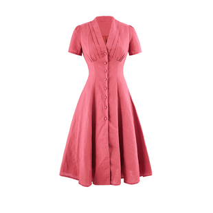 【断码清仓】Ching's赫本复古棉麻连衣裙 vintage收腰显瘦大摆裙