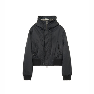 SoloForTwo 古着定制混色毛领棉服 洗水做旧连帽黑色短外套