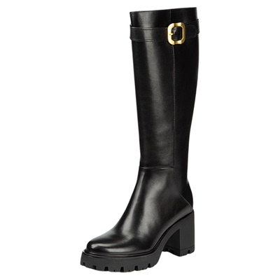 Hongkee/红科靴子女长筒靴2025新款粗跟高跟黑色牛皮长靴H075M406