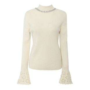 DPLAY100羊毛针织衫2026年春季白色针织衫女镂空花边毛衣打底衫