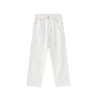 泼墨白色牛仔裤男高街vibe风美式炸街裤子潮牌宽松痞帅潮流直筒裤