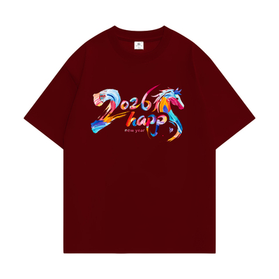 2026新年亲子装一家三四口短袖t恤红色喜庆马年大码定制活动服潮