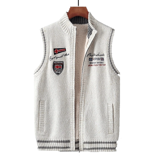 背心男士针织无袖毛衣加绒加厚立领拉链开衫外套马夹刺绣坎肩马甲