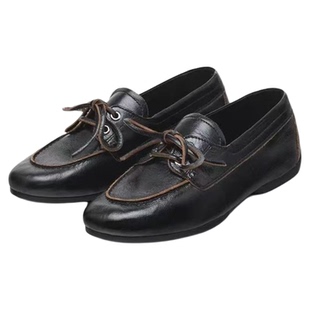 西班牙MD女鞋春夏新款浅口复古单鞋 亮面皮革船型鞋帆船鞋