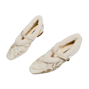 国风新中式方头粗跟毛毛鞋女秋冬新款大码软底旗袍鞋刺绣豆豆棉鞋