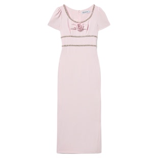 self-portrait 2025早秋新款粉红色法式圆领蝴蝶结礼服连衣裙长裙