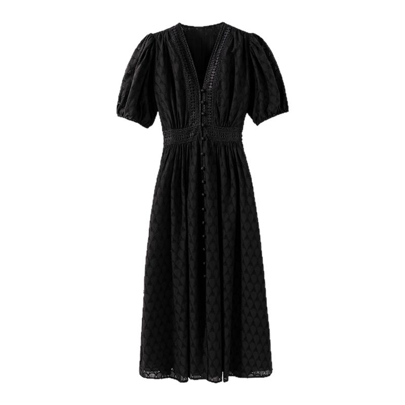 【建筑美学】苏拉飞梭机镂空刺绣 宫廷风V领泡泡袖收腰连衣裙裙子