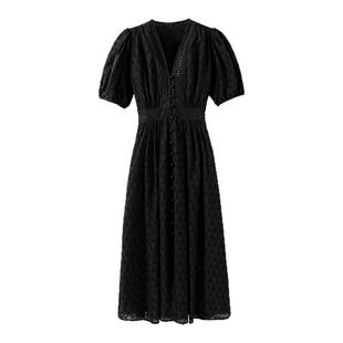 【建筑美学】苏拉飞梭机镂空刺绣 宫廷风V领泡泡袖收腰连衣裙裙子