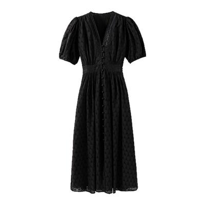 【建筑美学】苏拉飞梭机镂空刺绣 宫廷风V领泡泡袖收腰连衣裙裙子