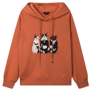 白鹿语猫咪刺绣连帽卫衣秋冬新款加绒加厚保暖宽松休闲套头上衣