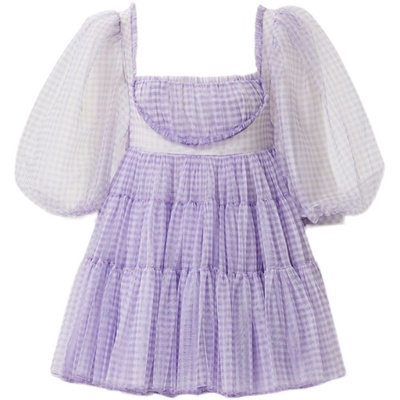 2023春复古方领仙女风格子蓬蓬裙