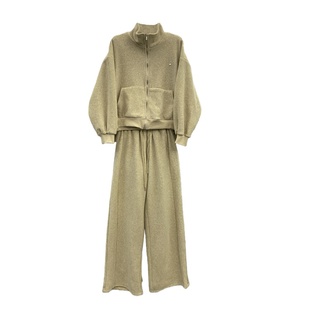 韩系慵懒休闲穿搭套装纯色立领拉链卫衣加绒抽绳显瘦阔腿裤两件套