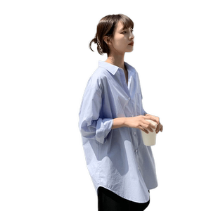 yoe长袖纯棉蓝色衬衫女休闲女装上衣慵懒夏季衬衣薄外套女款宽松