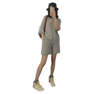 超火cec华夫格两件套女松紧腰阔腿短裤短袖T恤夏装宽松休闲套装潮
