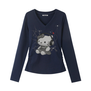查尔斯桃心HelloKitty印花V领长袖T恤女款秋季藏青色修身显瘦上衣