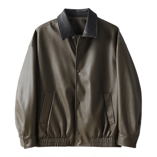 特价 复古机车风拼色翻领皮夹克男士荔枝纹肌理双门襟PU皮衣外套