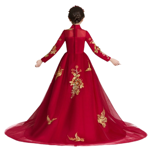 儿童晚礼服公主裙超长拖尾婚纱小模特走秀演出服拖地女童红色旗袍