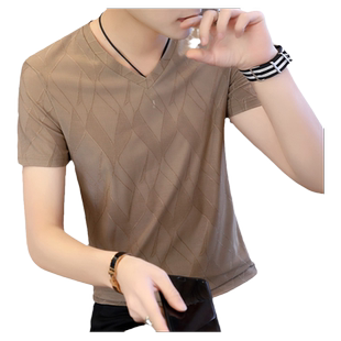 夏装男士冰丝短袖t恤V领修身透气半袖体恤衫青年男款薄款丝滑上衣