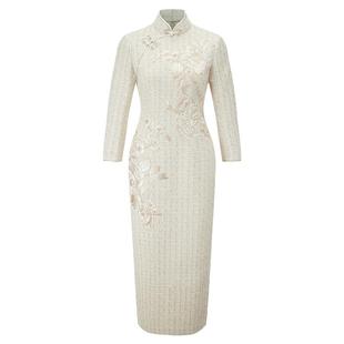 秋冬新款东方美学华服滚边毛呢长款刺绣修身改良手工女旗袍