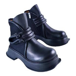 【实体清仓】复古盘扣魔术贴侧拉链靴真皮圆头厚底女单靴223069