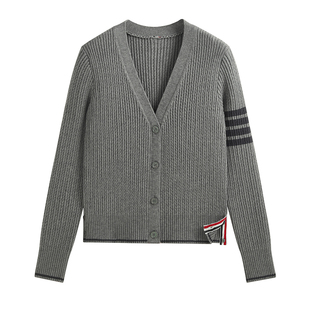 Pink Trip四条杠扭花修身毛衣外套女秋冬v领细麻花tb针织开衫上衣