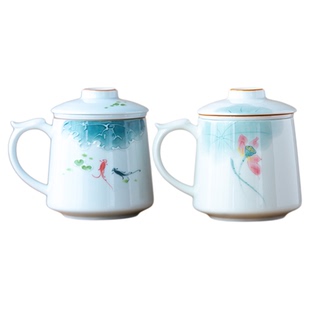画续白瓷手绘荷花泡茶杯对杯茶水分离陶瓷办公室水杯子马克杯礼装
