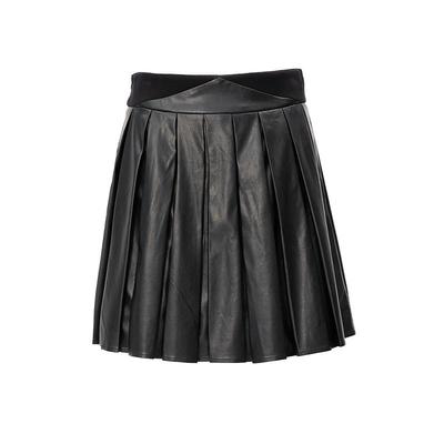 SOMSOM/索玛秋冬新款黑色PU皮质百褶学院风气质减龄A字裙短裙