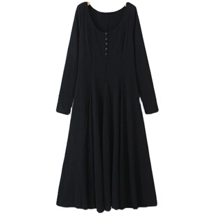 Milu家大码女装春装长袖纸片人长款大摆连衣裙胖mm显瘦内搭小黑裙