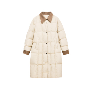 佧茜文巴恩风长款羽绒服2025冬季新款气质通勤条纹拼接翻领外套女