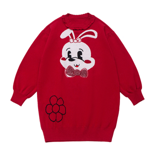 可爱兔子红色毛衣女童中长款儿童新年衣服女孩针织连衣裙秋冬打底