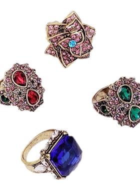 欧美复古风花朵几何图形戒指色彩