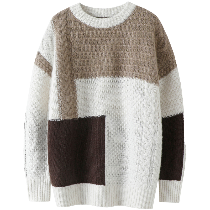 启超凭实力说话！拼接撞色纯山羊绒衫女毛衣2024冬慵懒风针织上衣