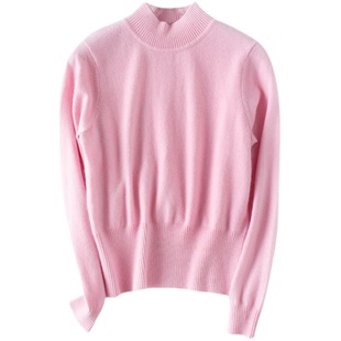 秋冬新品女士高腰短款羊绒衫半高领保暖粉色白色打底长袖套头毛衣