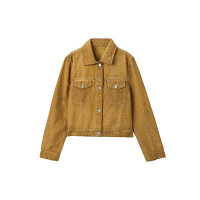 流浪旅人姜黄色复古翻领牛仔外套
