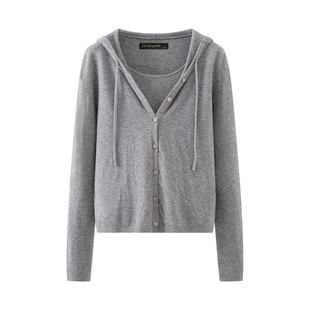 拉夏贝尔/La Chapelle灰色假两件连帽针织衫女秋冬季新款毛衣上衣