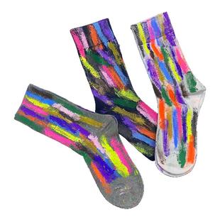 2025春季新款彩虹色手绘涂鸦中筒袜女金色漆炫酷网红潮袜个性设计