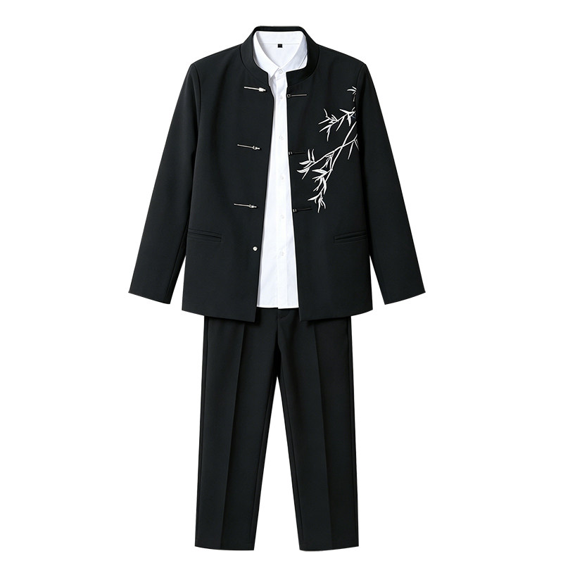 新中式立领刺绣竹子西服套装男