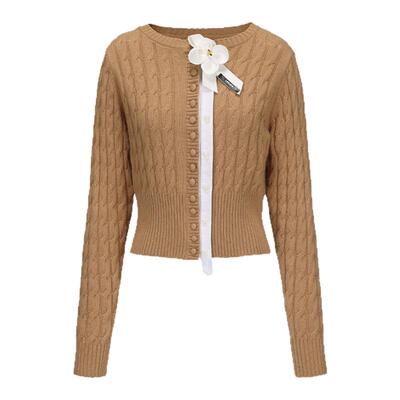 LACERTA2025秋季新款时尚绞花羊毛针织外套女双门襟花朵点缀外套