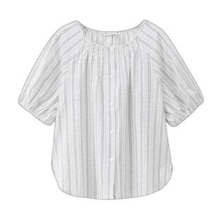 设计师款佐丹奴条纹衬衫女夏季宽松圆领上衣泡泡纱短袖女18345212