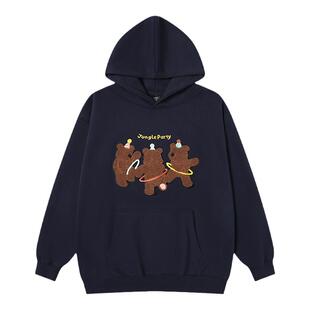 丛林老虎三只小熊毛巾绣连帽卫衣男2026新款美式情侣重磅衣服女