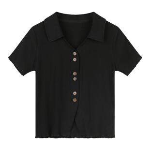 弥古黑色冰丝针织短袖t恤女新款夏季薄款修身polo领法式掐腰上衣