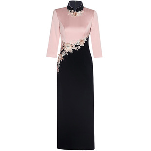 多丽琦中式礼服裙绣花改良旗袍新款春夏丝绒拼接修身显瘦连衣裙女