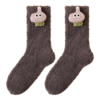 毛绒绒袜子女士冬季加绒加厚保暖中筒袜拼色可爱卡通居家地板袜子